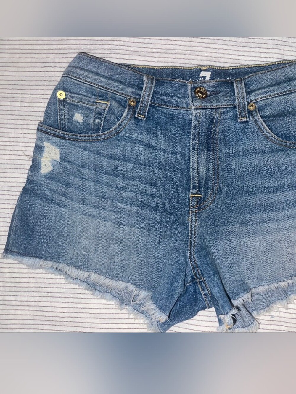 7 For All Mankind Light Blue High Waist Frayed Denim Shorts